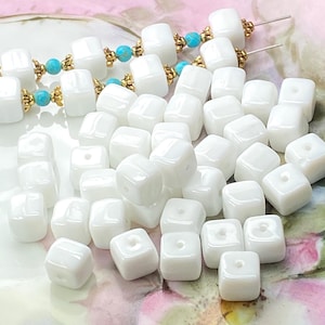 8mm Vintage Old Bohemia Czech White Pressed Glass Square Cube Beads , 15 Beads