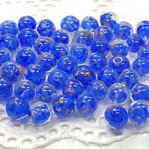 8mm Vintage Venetian Blue Core & Aventurine Sommerso Glass Beads , 6 Beads