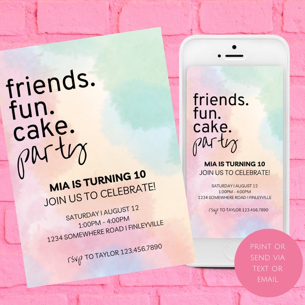 Watercolor Birthday Invitation - Fun Friends Cake Party - Girl Birthday Invite - Pink Cake Birthday - Editable Invitation -Digital Download