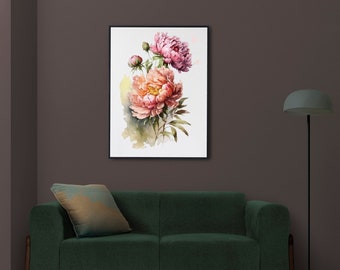 Peony flowers art print, watercolor peonies, printable floral wall decor, wedding peonies print, instant download