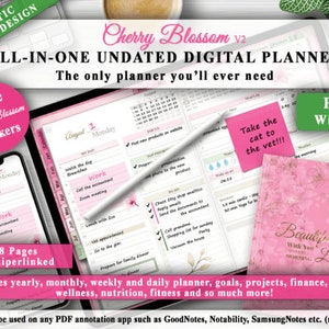 Könnte beinhalten: Ein digitaler Planer mit einem rosa-weißen Blumenmuster. Der Planer ist auf eine Monatsansicht mit dem Monat August geöffnet. Der Planer enthält einen Haftnotiz mit dem Text "Bring die Katze zum Tierarzt!!!". Der Planer wird als "Cherry Blossom v2 All-in-One Undated Digital Planner" beworben.