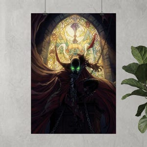 May include: A Spawn comic book poster. The image features Spawn, a dark figure with glowing green eyes, in a red cape, chained in front of a stained-glass window. The artwork has a dark, gothic theme.
