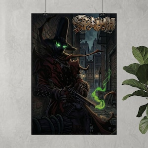 May include: Spawn poster featuring a dark figure in a long red coat and top hat, holding a gun in a dark alley. The figure has glowing green eyes and the word "Spawn" is at the top. The background shows a city skyline.