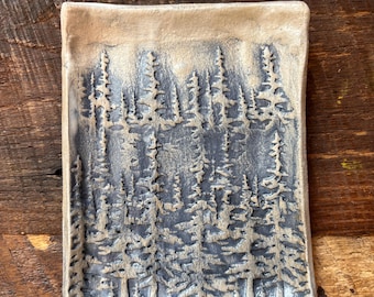 Hand Built Ceramic Spoon Rest: Blue and Gray Misty Forest Series