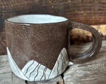 Handmade Rustic Mountain Carved Ceramic Mug in Chocolate Clay