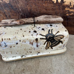 Handmade Ceramic Covered Butter Dish Black and White Speckled Bumblebee with Driftwood Knob