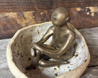 Hand-Built Ceramic Trinket Dish with Meditative Figure – Garden Art, Bee Waterer