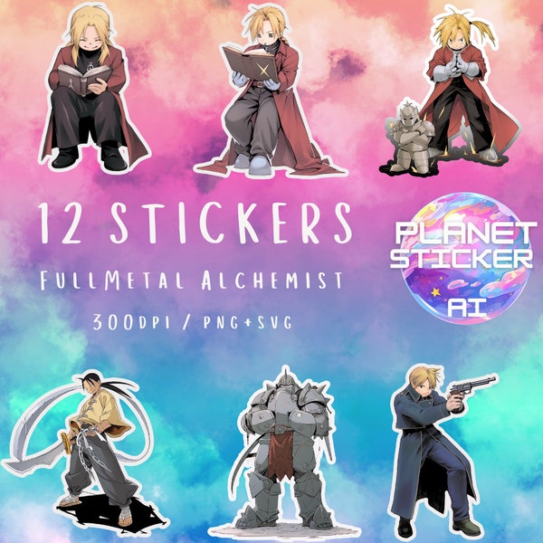 Fullmetal Alchemist Stickers SVG Bundle - 12 Fullmetal alchemist Sticker Designs - Printable Vector PNG Files. Digital Clipart for Cricut.