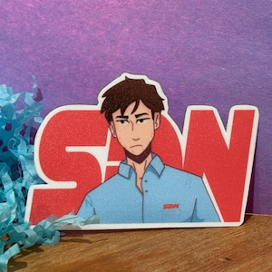 May include: A sticker featuring a cartoon illustration of a person in a light blue collared shirt. The person has brown hair and is set against a red background with the letters "SON" in white. The sticker has a white border and the letters "SON" are in a bold font.