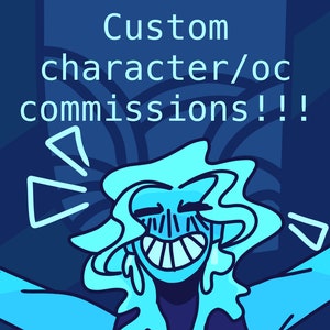 Puede incluir: Un personaje de dibujos animados azul con una gran sonrisa y cabello largo, con el texto "Custom character/oc commissions!!!" arriba.