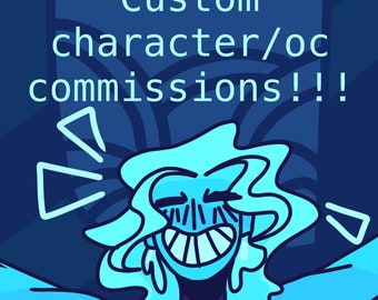 Puede incluir: Un personaje de dibujos animados azul con una gran sonrisa y cabello largo, con el texto "Custom character/oc commissions!!!" arriba.