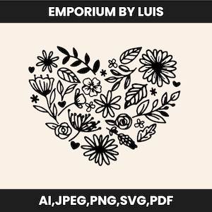 Design de coração de flor SVG, Coração SVG para Cricut, Guirlanda de coração SVG, Arquivo de corte Floral Coração Formato SVG PNG, Presentes SVG