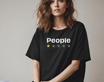 May include: A black t-shirt with the word "People" printed in white and a one-star rating below it.