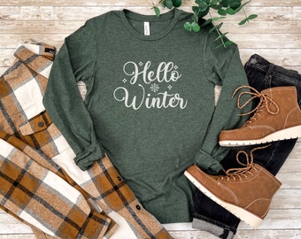 Hello Winter Long Sleeve Shirt, Winter Shirt, Christmas Shirt, Holiday Party Shirt, Women Christmas Shirt, Winter Sweatshirt, Cozy Shirt