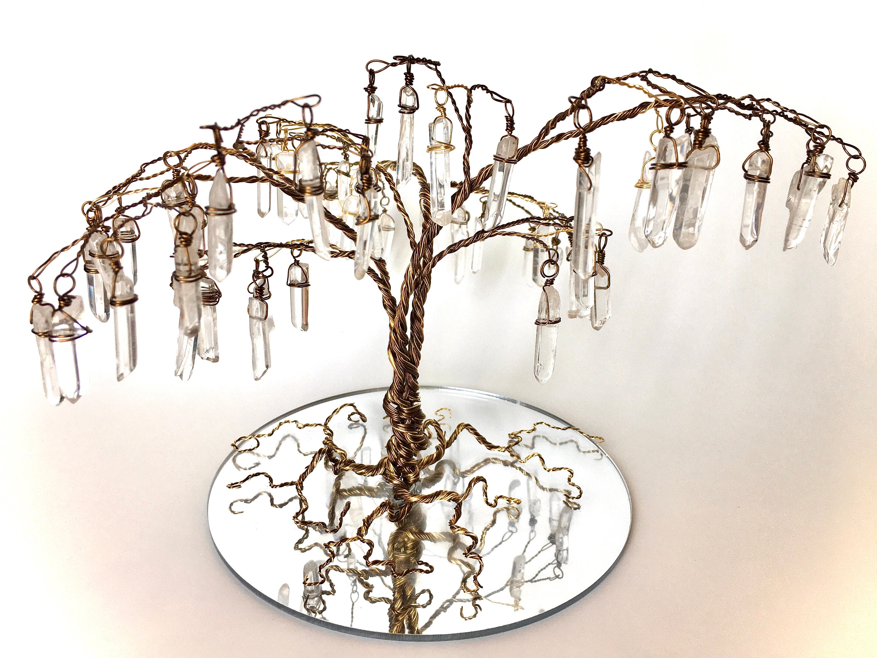 Wire Tree, Clear Quartz Crystal Points on Bronze and Gold Wire Tree Set ...