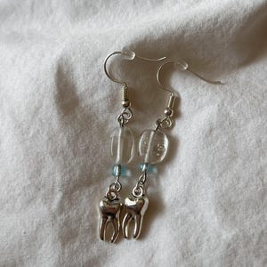 Silver Teeth Beaded Dangle Earrings | Tooth Fairy Inspired Earrings | Handmade Beaded Jewelry | One Of A Kind | Unique Earrings | Fishhook |