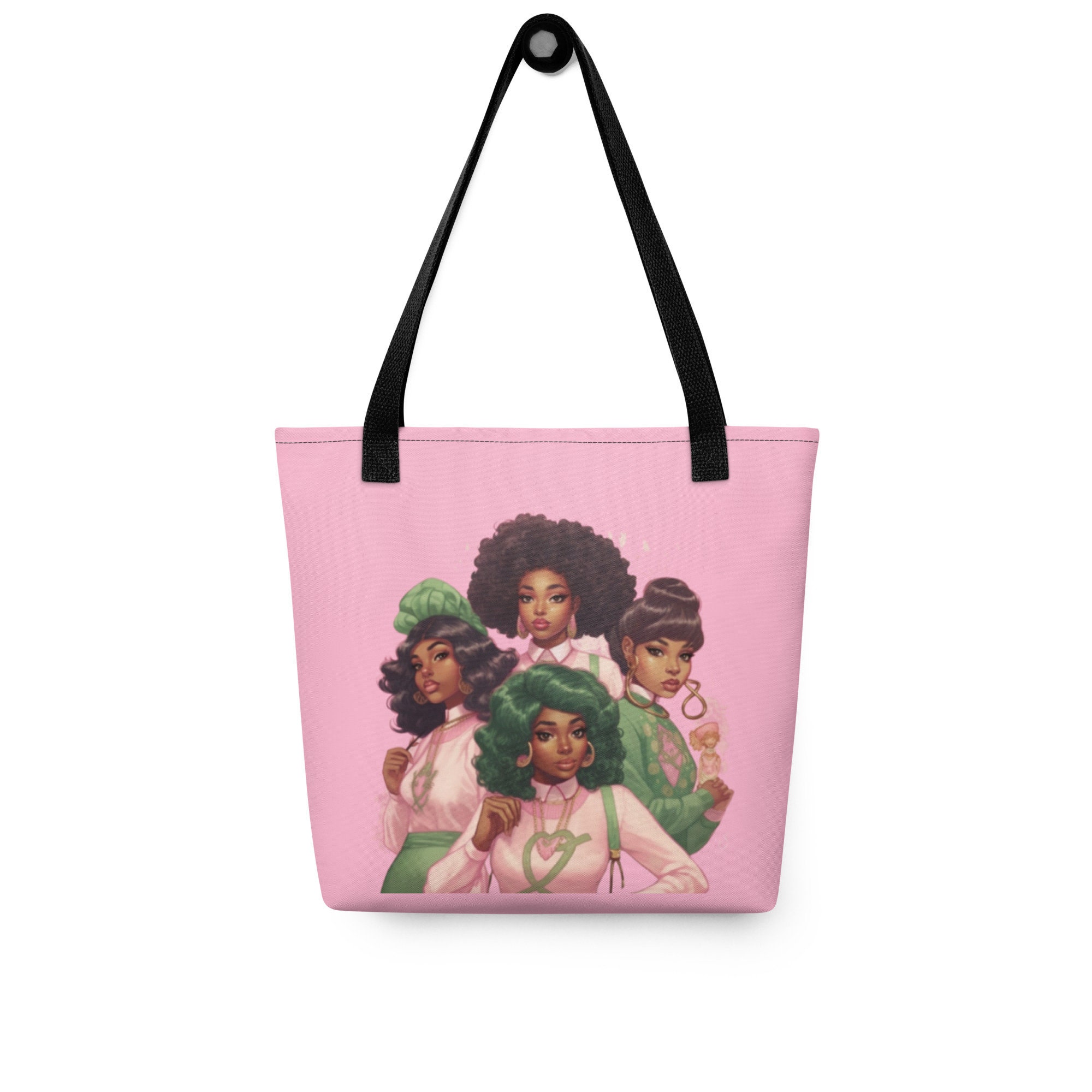 Black Alpha Kappa Alpha Tote Bag with Pink and Green Stripes Yellow and Blue