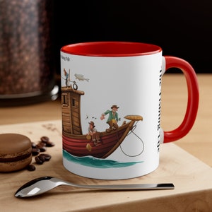 Taza The Fishing Life: diseño de dibujos animados caprichoso con un pescador y un barco, regalo perfecto para los entusiastas de la pesca, divertida taza de café