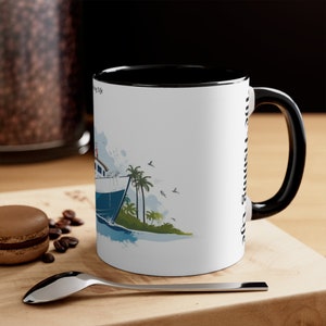 Taza The Fishing Life: diseño de dibujos animados caprichoso con un pescador y un barco, regalo perfecto para los entusiastas de la pesca, divertida taza de café
