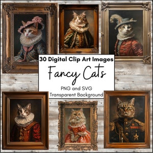 Pinturas al óleo de gatos de lujo, imágenes prediseñadas digitales, fotos en miniatura de felinos enmarcadas de inspiración victoriana, imágenes prediseñadas PNG y SVG imprimibles para la pared de la casa de muñecas