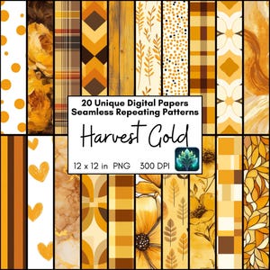 Papel digital dorado de cosecha, hermosos colores de otoño, páginas para imprimir en casa, diseño rústico repetitivo sin costuras, suministros para hacer tarjetas, álbumes de recortes PNG