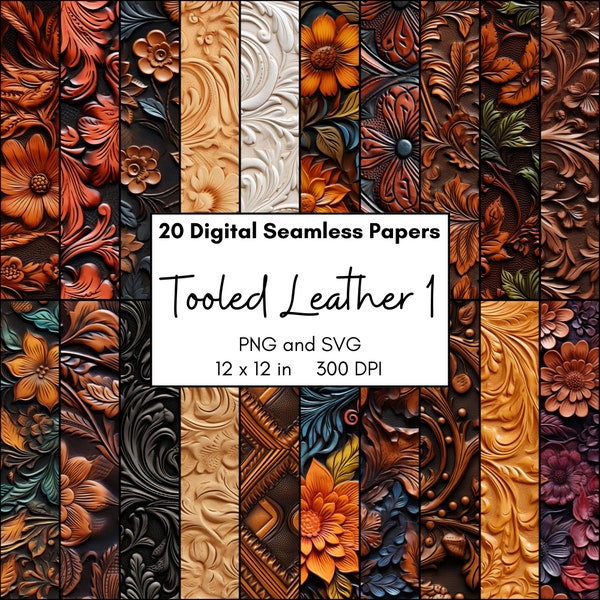 Tooled Leather Digital Paper, Seamless Repeating Pattern, Western Tumbler Wrap, PNG and SVG Files, Embossed Leather Image, Cowboy Scrapbook