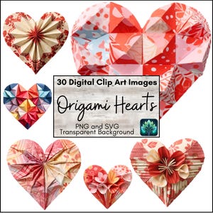 Clipart digitale di cuori origami, carta con motivi pastello, sublimazione SVG, PNG stampabile per album, creazione di biglietti, San Valentino, collage