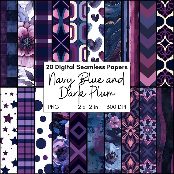 Navy Blue and Dark Plum Digital Paper Pack, Seamless Repeating Pattern Floral, Geometric, Damask, Marble, Stars, Hearts, Computer Background