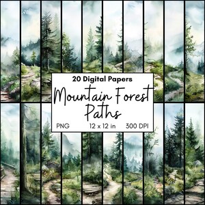 Pacote de papel digital para trilhas de caminhada na floresta e montanha, arte para impressão de cenas ao ar livre, floresta com neblina, árvores e montanhas em aquarela, suprimentos para scrapbook