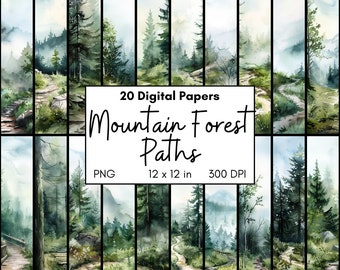 Mountain Forest Digital Paper Pack, Watercolor Woodland Printable Art, Foggy Hiking Path Backgrounds for Scrapbooking & Crafts, Nature Art