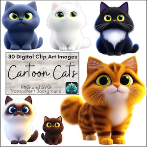 Digital Clip Art Set Fluffy Cats, Fun Colorful Feline Art, Cute Cartoon Kitten Decor, Cat Lover Printable PNG & SVG Clipart for Scrapbook