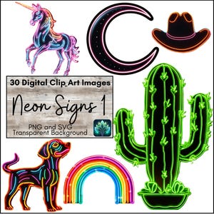 Conjunto de imágenes prediseñadas digitales de letreros de neón, imágenes PNG y SVG imprimibles para álbumes de recortes, manualidades de papel, imágenes de neón divertidas para calcomanías, collages y decoupage