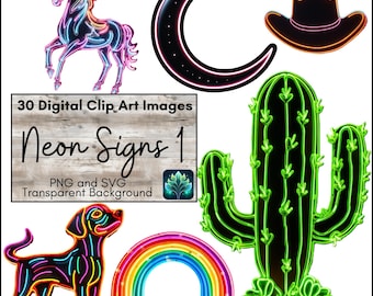 Neon Sign Digital Clip Art Set, Printable PNG and SVG Clipart for Scrapbook, Paper Craft, Funky Neon Images for Stickers, Collage, Decoupage