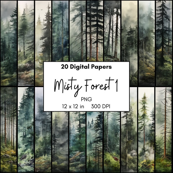 Misty Forest Watercolor, Landscape Image, 12x12 Digital Paper, Printable Wall Art, Digital Scrapbook Paper, Camping, Outdoor, Canva Template