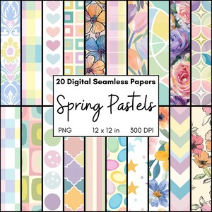 Paquet de papier numérique pastel printanier, motifs répétitifs sans couture, faire-part et scrapbooking, page décorative imprimable PNG, fond de Pâques