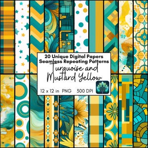 Türkisblau und Senfgelb Digital Paper Pack, Nahtlos wiederholendes Muster Wallpaper Hintergrund PNG, Printable Seite für Scrapbooking