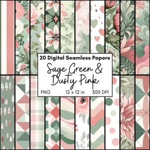 Digitales Papier, Salbeigrün und Altrosa, sich wiederholendes Muster Nahtlose Seite, Computer Hintergrund, Scrapbooking, Pastell Ostern PNG, Floral