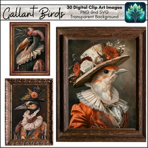 Uccelli galanti Pittura a olio vittoriana Clip art digitale Miniatura Fancy Aviaria Ritratti incorniciati Clipart File PNG e SVG Casa delle bambole Arte murale