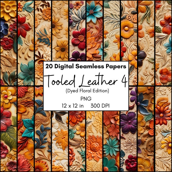 Digital Paper Pack Tooled Floral Leather Dyed Flower, Repeating Pattern, Floral Design, Western Inspired, 12x12 Digital Page, Scrapbook