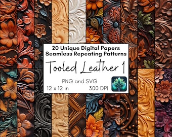 May include: 20 unique digital papers with seamless repeating patterns of tooled leather. The patterns feature floral designs in shades of brown, orange, and white. The papers are 12 inches by 12 inches and 300 DPI.