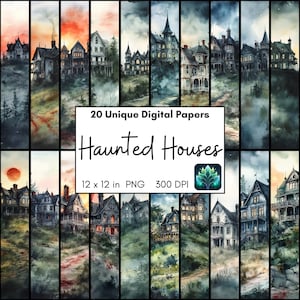 Papel digital con paisaje de acuarela de casas embrujadas, arte mural PNG imprimible o página de álbum de recortes, mansión abandonada en una colina boscosa, luna de sangre