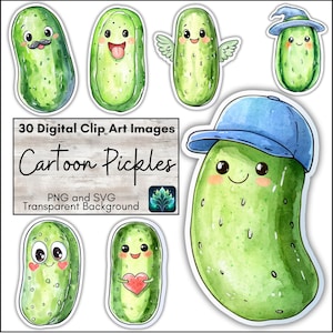 Clipart di sottaceti dei cartoni animati, design di adesivi in vinile ad acquerello disegnati a mano, file PNG e SVG stampabili per biglietti divertenti, inviti, scrapbooking