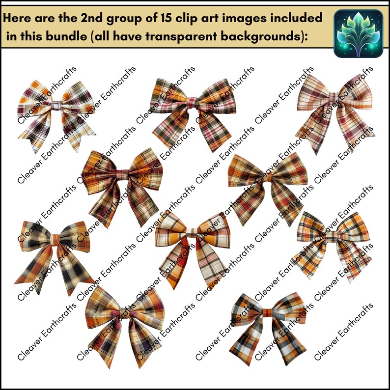 Fall Plaid Ribbon Bows Clipart Set, Realistic Texture Clip Art, PNG and
