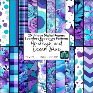 Set di carta digitale ametista e blu oceano, graziose pagine di carta da parati con motivi ripetuti stampabili per scrapbooking, collage, decoupage, colore unico