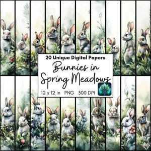 Bunnies in Spring Meadows digitale papierset, paashaaslandschap, thuis afdrukken png-afbeeldingen voor scrapbooking, kunst aan de muur, aanbod kaarten maken