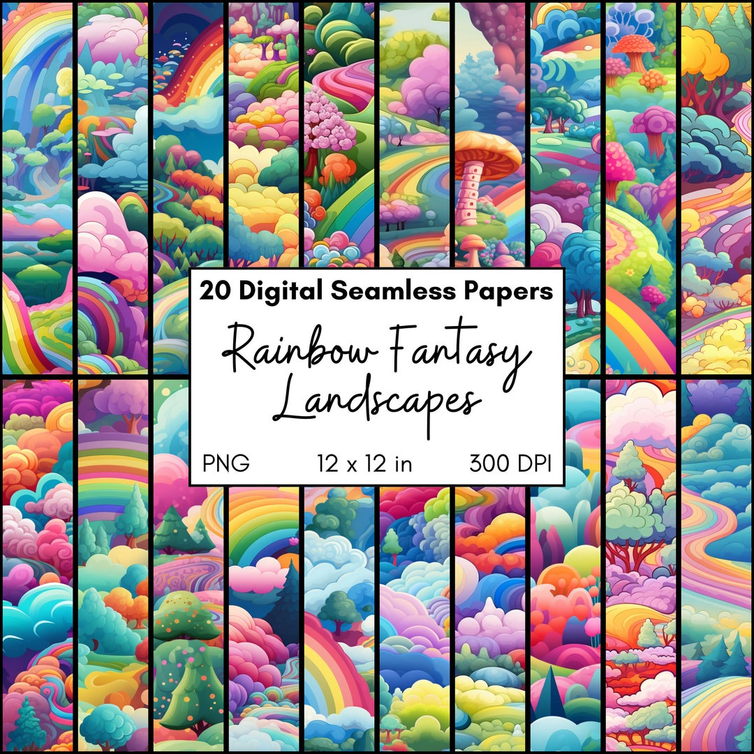 Digital Paper Bundle Rainbow Fantasy Landscapes, Seamless Repeating ...
