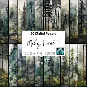 Acquerello foresta nebbiosa, immagine paesaggio, carta digitale 12x12, arte murale stampabile, carta per album digitale, campeggio, esterno, modello Canva