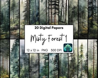 Misty Forest Watercolor, Landscape Image, 12x12 Digital Paper, Printable Wall Art, Digital Scrapbook Paper, Camping, Outdoor, Canva Template