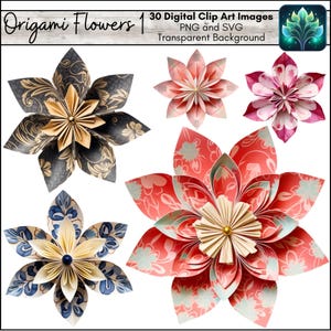 折り紙の花のデジタルクリップアートセット 花柄の紙のクリップアート画像 PNG および SVG ファイル スクラップブックカード作りに自宅で簡単に印刷