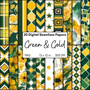 Groen en goud digitaal papierpakket, schoolteamkleuren print op startpagina's, naadloos herhalende ontwerpen, scrapbooking, benodigdheden voor het maken van kaarten